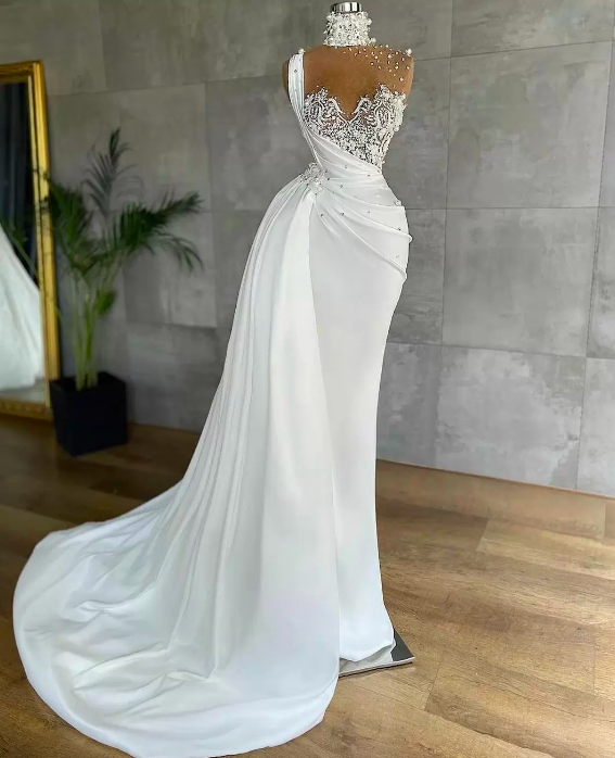 Mermaid Evening Dresses Luxurious Pearls Beaded High Neck Illusion Top ...