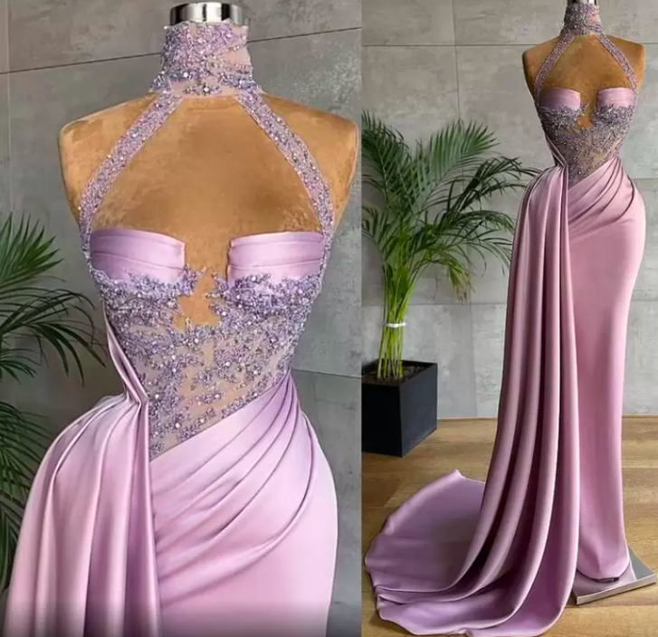 2022 Sexy Aso Ebi Arabic Plus Size Lilac Lace Beaded Sheath Evening Dresses High Neck Pleats Prom Formal Party Second Reception Gowns Custom