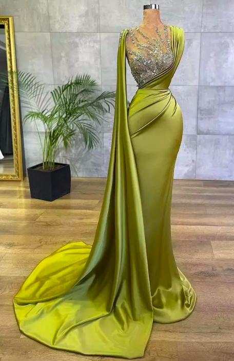 Arabic Lemon Green Satin Mermaid Evening Prom Dresses Sheer Mesh Top Sequin Beads Ruched Formal Occasion Wear Gold Hunter Sheer Neck Sweep Train
