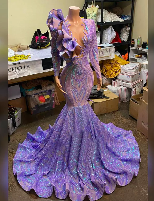 2022 Sparkling Purple Sequins Mermaid Prom Dress Sexy V Neck Ruffles Party Gowns Long Sleeves Shiny Lace Evening Dresses Robe De Soiree Vestido