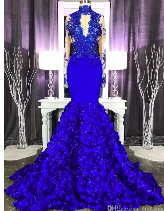 Royal Blue Flowers Mermaid Prom Dresses Lace Appliques Long Sleeve Keyhole Neck Evening Party Dress Girls Formal Wear