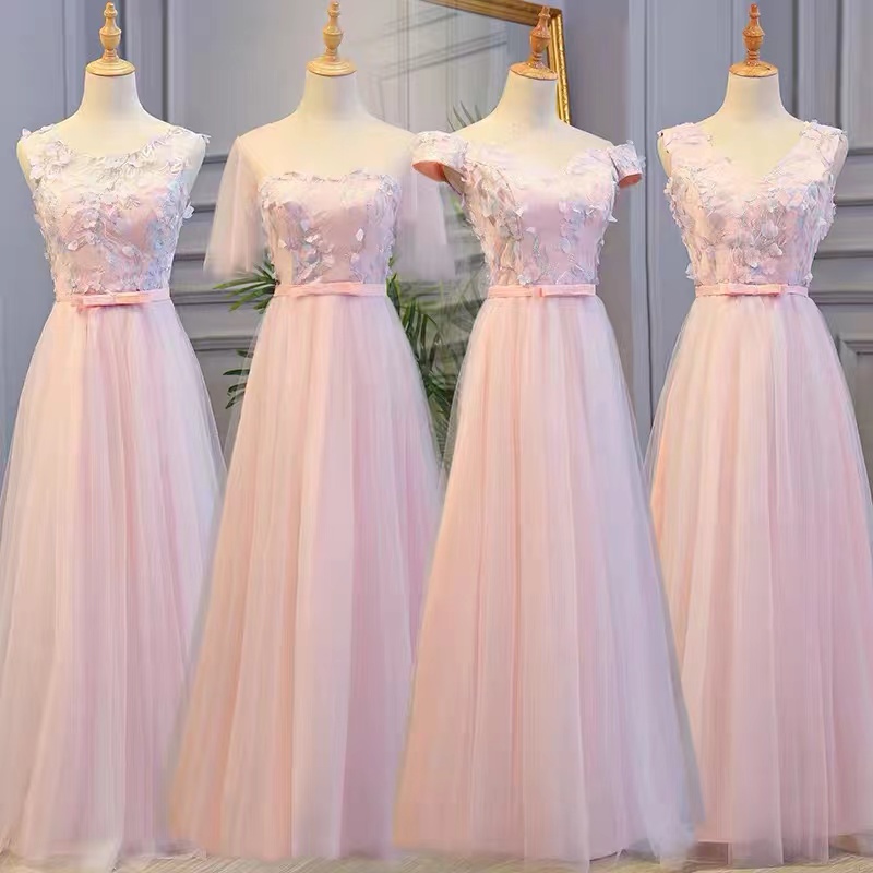 Pink Bridesmaid Dresses, V Neck Bridesmaid Dresses, Tulle Bridesmaid Dresses, 2022 Wedding Party Dresses, Belt Wedding Party Dresses, Pink