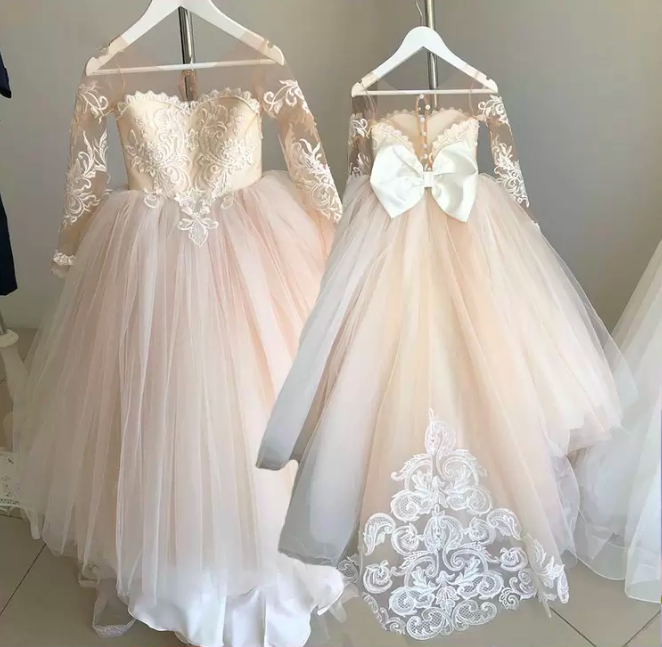 2-14 Years Lace Tulle Flower Girl Dress Bows Children's First Communion Dress Princess Ball Gown Wedding Party Dress