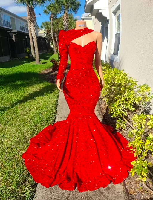 Glitter Sequin Red Mermaid Long Prom Dresses 2022 African Girl Designed High Neck With Single Sleeve Party Prom Dress