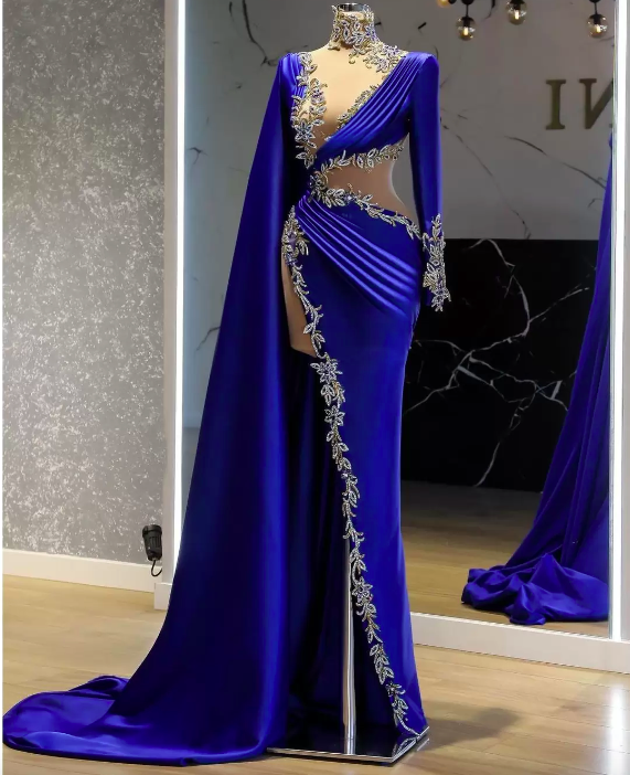 Blue Sexy Elegant Evening Dresses Long Sleeves With Wrap Appliques High Split Arabic Women Prom Party Gowns Custom Made 2022