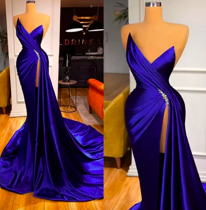 2022 Glamorous Royal Blue Sweetheart Prom Dresses Mermaid Long With Split Sexy Backless Evening Gowns