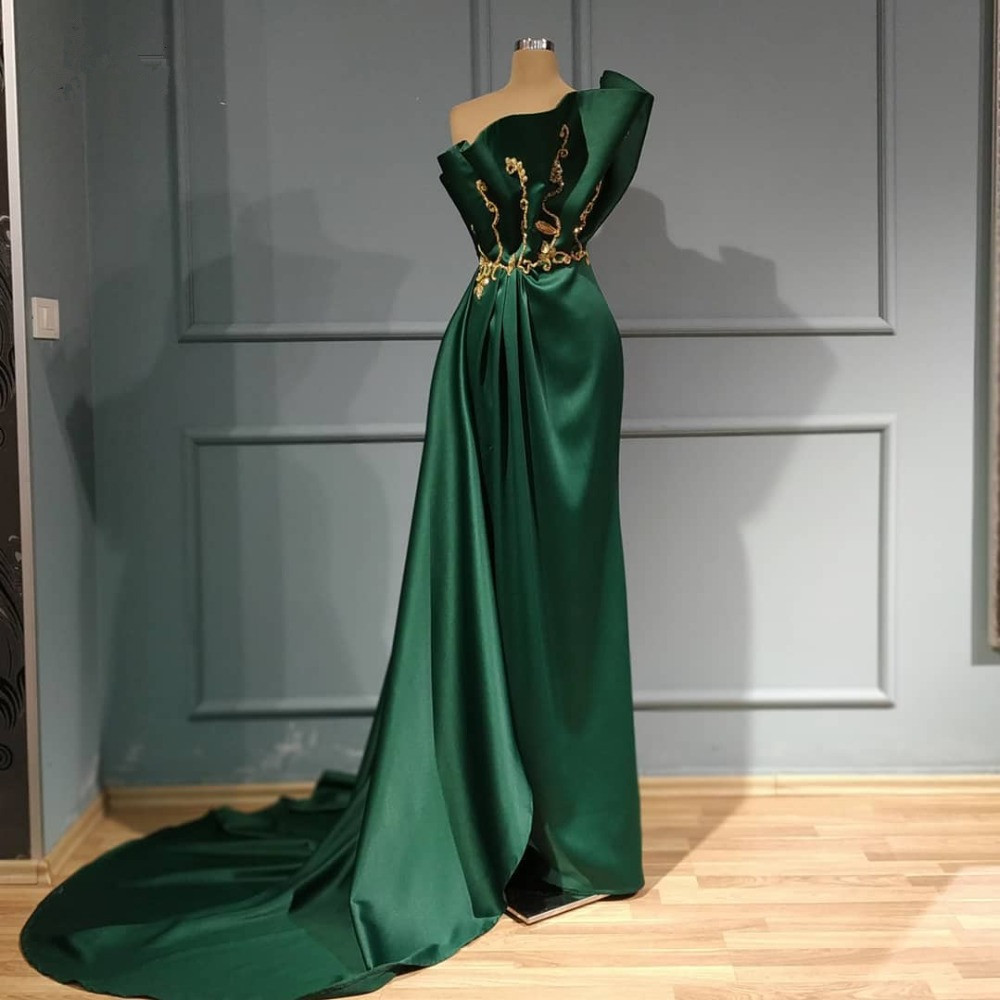 Emerald Green Mermaid Satin Evening Dresses Real Image Gold Appliques Beaded Long Prom Dresses Ruffles Formal Dress