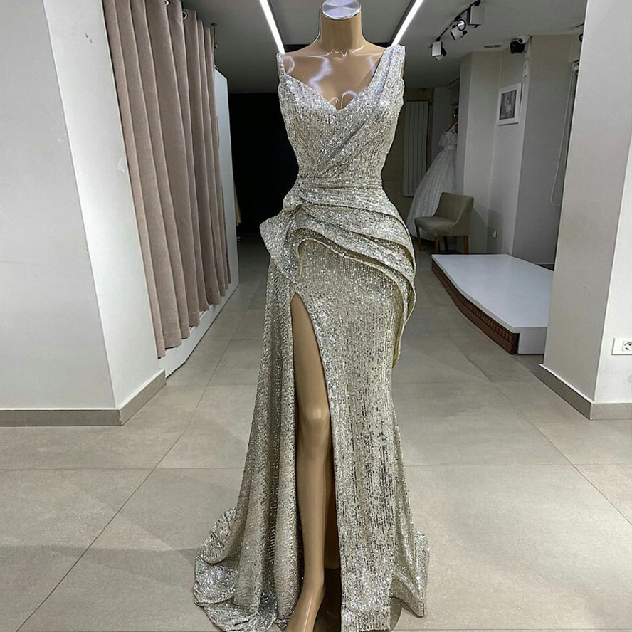 Sparkle Long Mermaid Prom Dresses 2021 Sexy High Side Split Prom Gowns Formal Party Dress V-neck