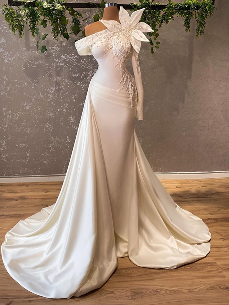 2022 Long Sleeve One Shoulder Handmade Flower Sequins Women Party Prom Gowns White Elegant Mermaid Evening Dresses