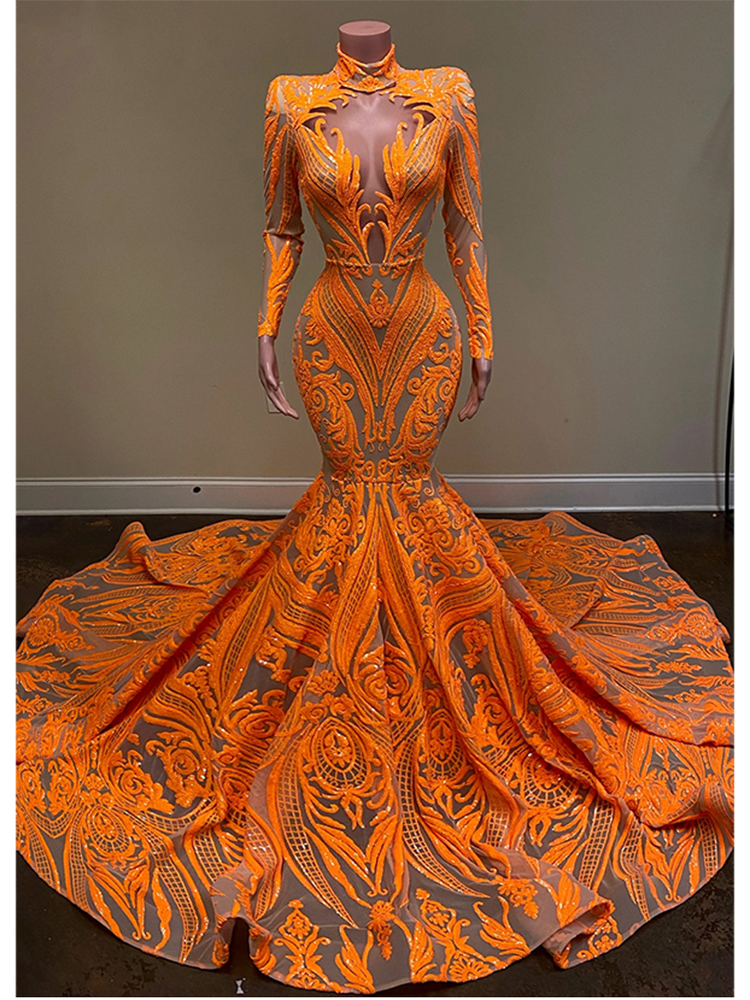 2022 Orange Mermaid Evening Gowns Party Dress For Womens Blingbling Applique Long Sleeves Occasion Gown Robe De Soirée