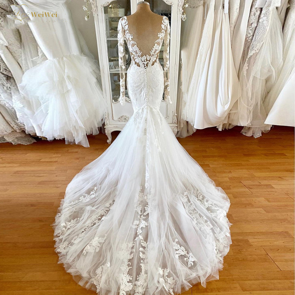 Lace Mermaid Wedding Dress Boho Beach Weding Dress Long Sleeves ...