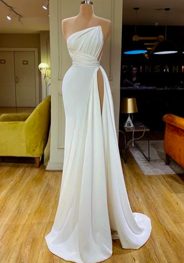 White Prom Dresses, One Shoulder Prom Dresses, Side Slit Prom Dresses, Arabic Prom Dresses, Side Slit Evening Dresses, White Evening Dresses,