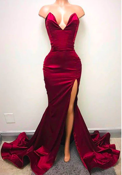 Burgundy Prom Dresses, Satin Evening Dresses, Red Prom Dresses, Sexy Formal Dresses, 2022 Evening Dresses, Mermaid Evening Dresses, Custom Make