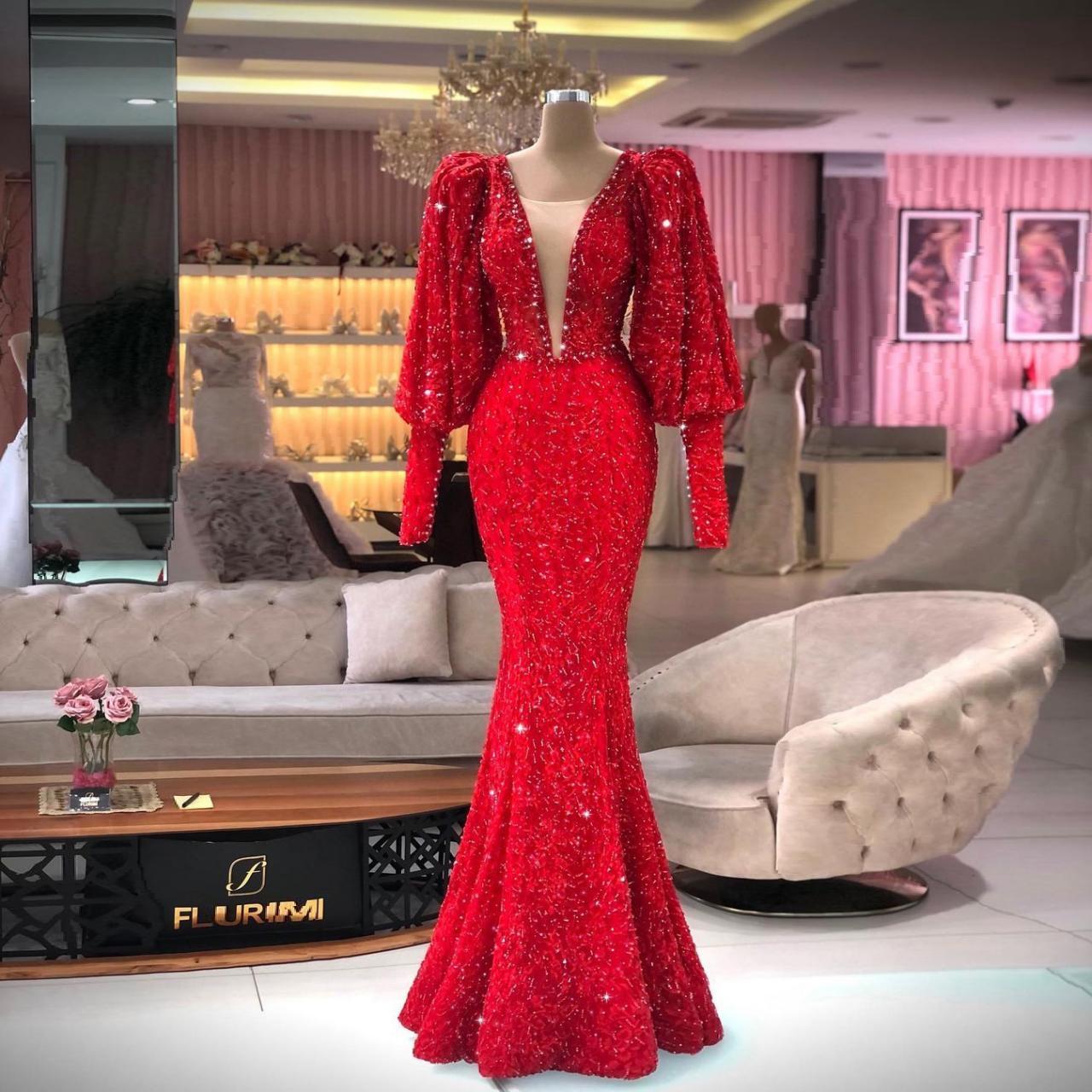 Red Gorgeous Elegant Mermaid Prom Dresses Long Sleeves Sequins Sparkling Women Formal Evening Party Gowns Plus Size Custom Made