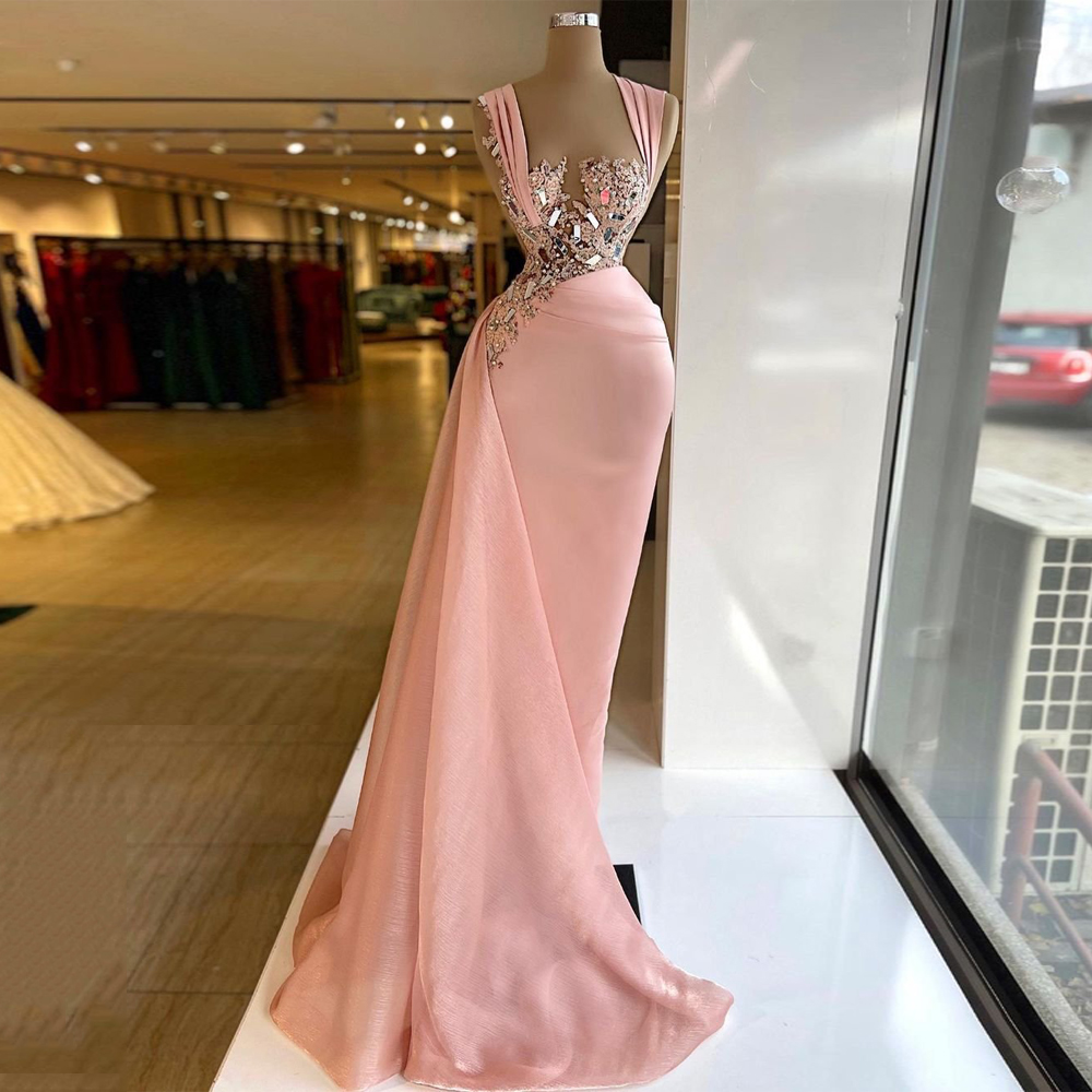 Pink Prom Dresses For Women Robe De Soiree Custom Sleeveless Sparkling Beading Rhinestones Sweep Train Mermaid Evening Dress