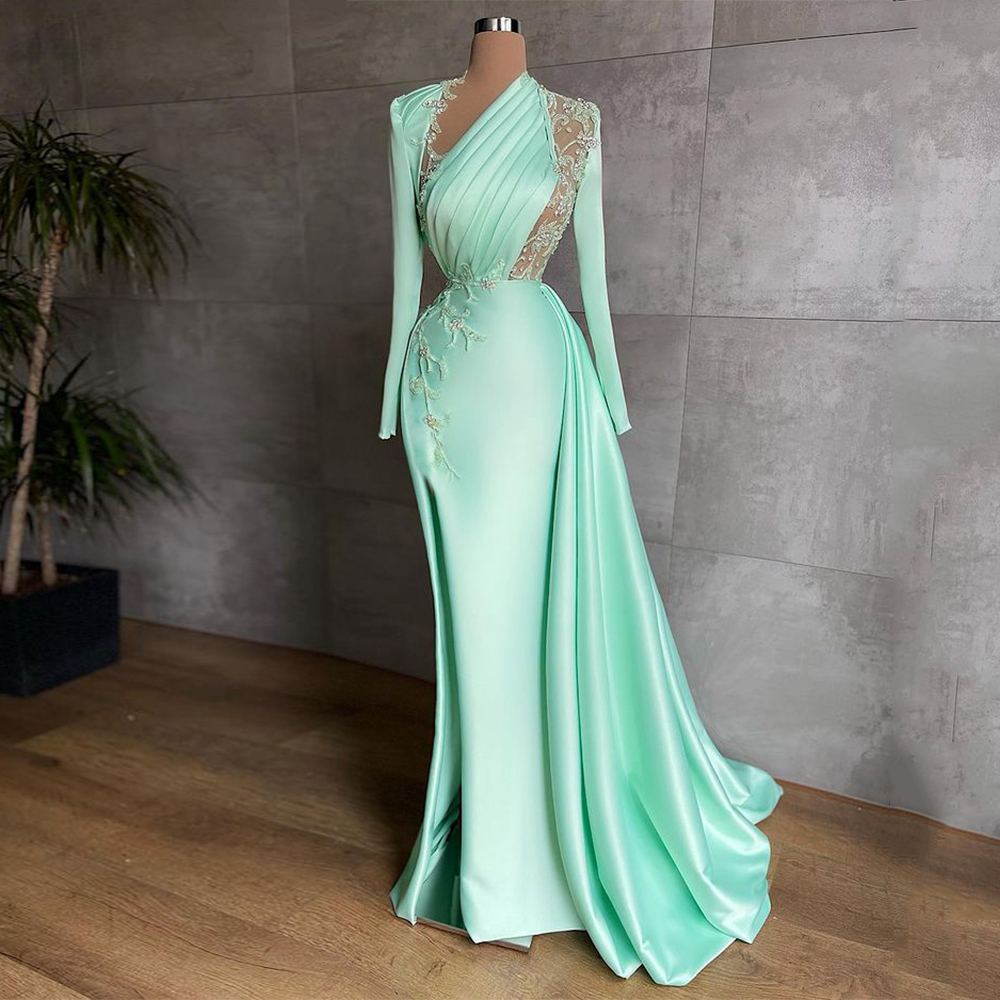 Mint Mermaid Prom Dress Robe De Soiree Long Sleeves Illusion Lace Applique Pleat Beading Satin Evening Dress Celebrity Gown
