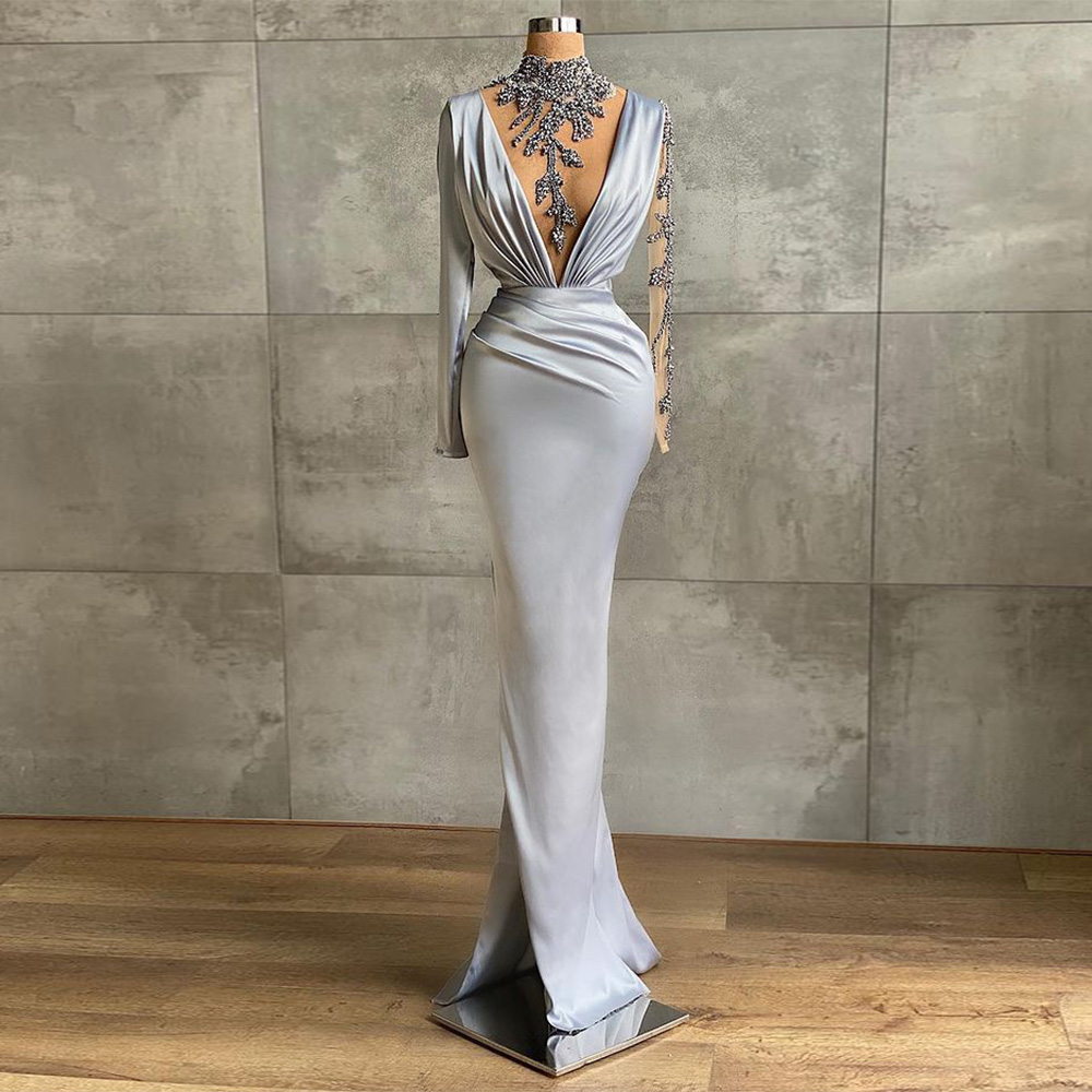 Silver Prom Dress High Neck Beading Rhinestones Formal Party Dresses Sexy Women High Slit Illusion Mermaid Evening Gown