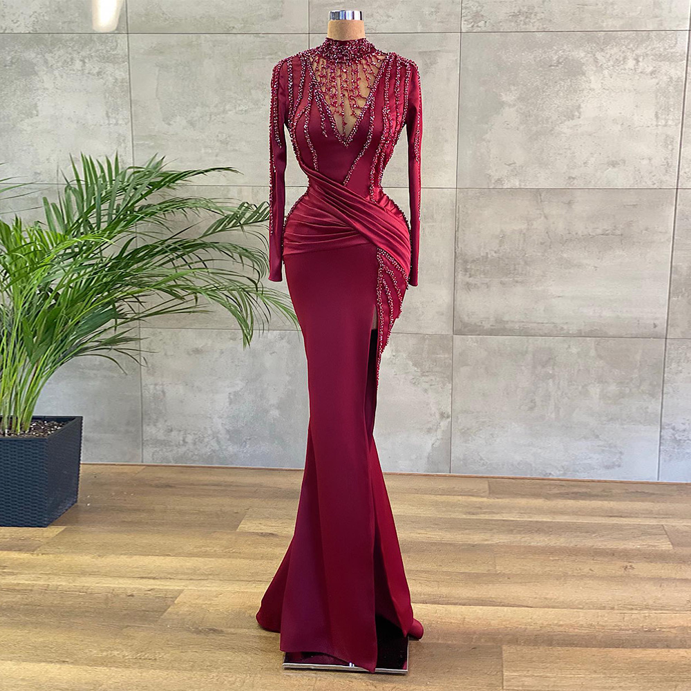 Burgundy Mermaid Evening Dress Exquisite Beading High Neck Long Sleeves Side Slit Sparkling Pageant Party Gown Prom Dresses