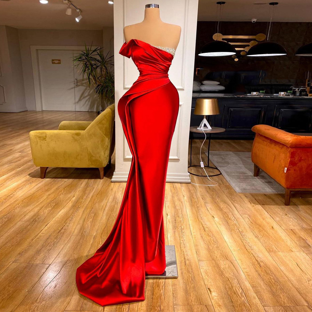 High Quality Red Prom Dress Sexy Sleeveless Beading Stones Ruched Pleat Dubai Mermaid Evening Gown Satin Party Dresses