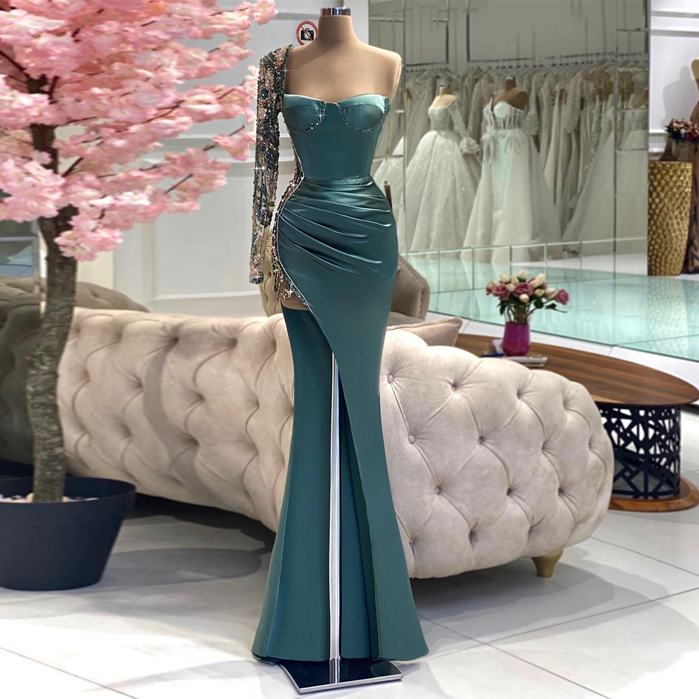 Turquoise Mermaid Prom Dresses 2022 One Shoulder Long Sleeves Luxury Beading Stones High Slit Evening Gown Party Dresses