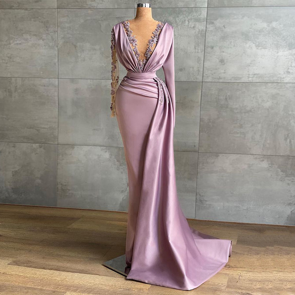 Luxury Evening Dress Sparkling Stones Beading Mermaid Prom Dresses Sweep Train Light Purple Celebrity Party Gown