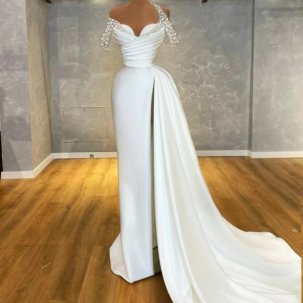 Ivory Sheath Prom Dress Asymmetrical Neck Pearls Pleat Special Occasion Gown High Slit Satin Evening Dresses Robe De Fete