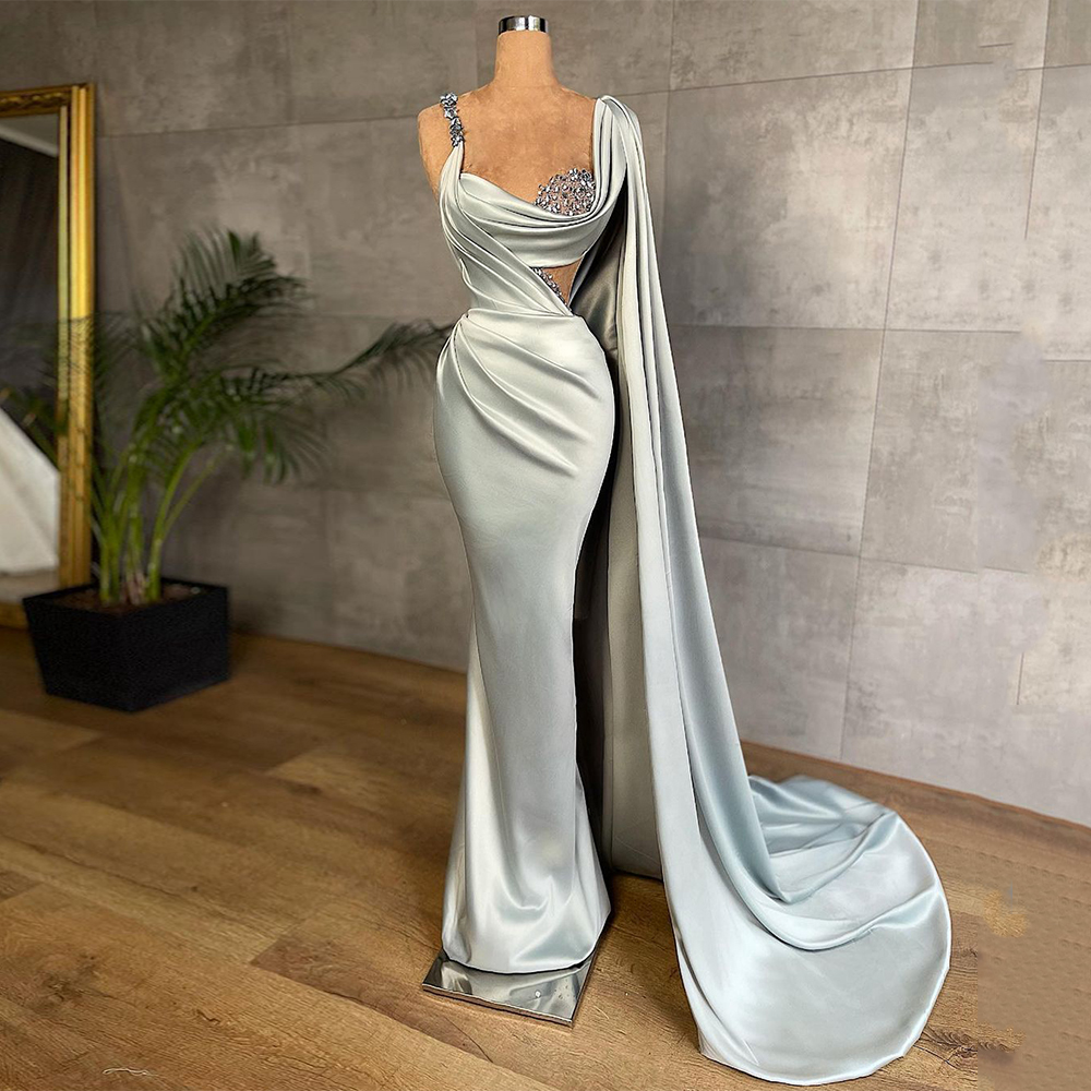2022 Mermaid Evening Dress Prom Gowns Sexy Beaded Stones Pleat Satin Formal Party Dresses With Long Shawl