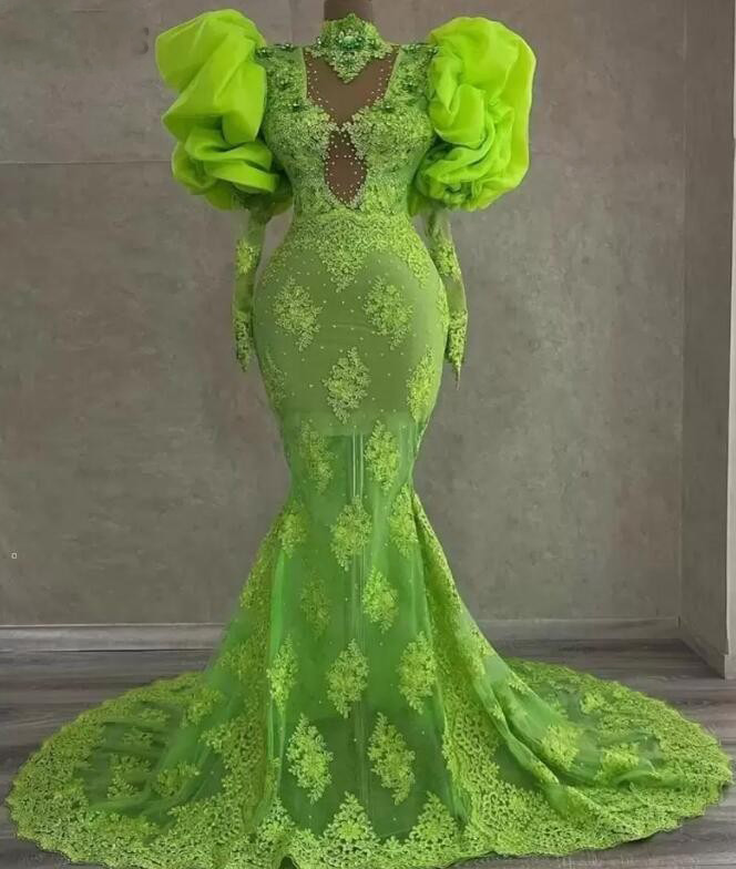 Green Arabic Aso Ebi Prom Dresses Retro Puff Long Sleeves Lace Appliques Beaded Plus Size Evening Celebrity Gowns Mermaid High Collar Second
