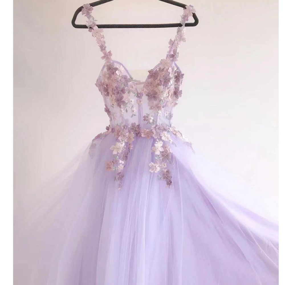 Light Purple Prom Dresses, Hand Made Flowers Prom Dresses, A Line Evening Dresses, Tulle Evening Gowns, Evening Gowns, Custom Make Evening