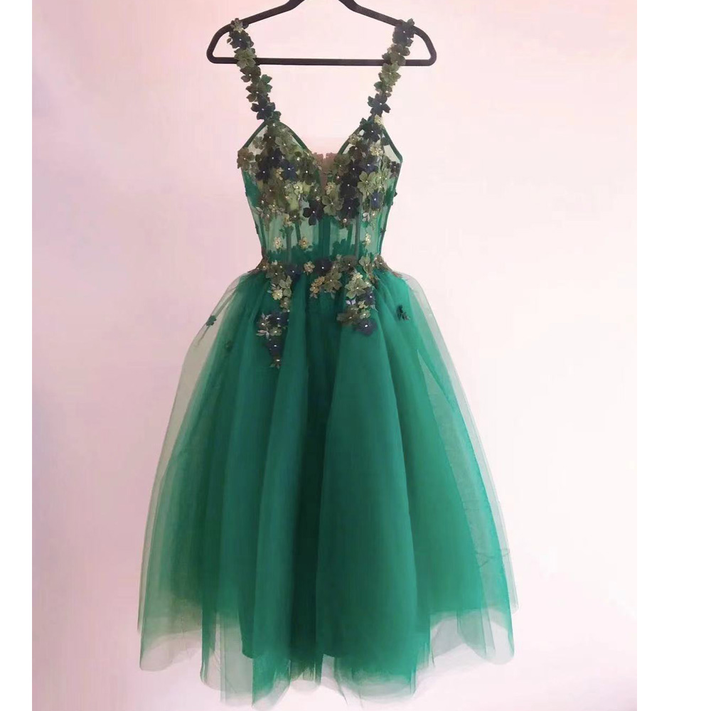 Green Prom Dresses, Sweetheart Prom Dresses, Hand Made Flowers Prom Dresses, Tulle Prom Dresses, Green Evening Gowns, Mini Cocktail Dresses,