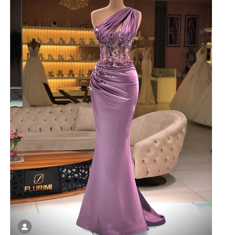 Purple Prom Dresses, One Shoulder Prom Dresses, Pleats Prom Dresses, Mermaid Evening Dresses, Sheer Lace Evening Dresses, Custom Make Evening