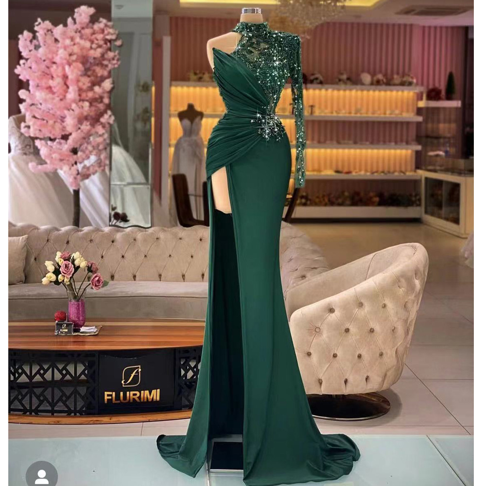 Green Prom Dresses, Evening Dresses, Prom Dresses, Side Slit Evening Dresses, Long Sleeve Prom Dresses, Dark Green Evening Dresses, Pleats
