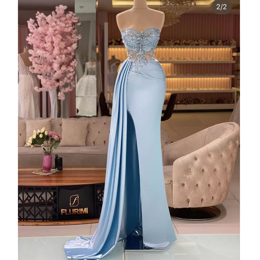 Blue Prom Dresses, Sweetheart Prom Dresses, Side Slit Prom Dresses, Satin Evening Dresses, Beaded Prom Dresses, Peats Prom Dresses, Crystal