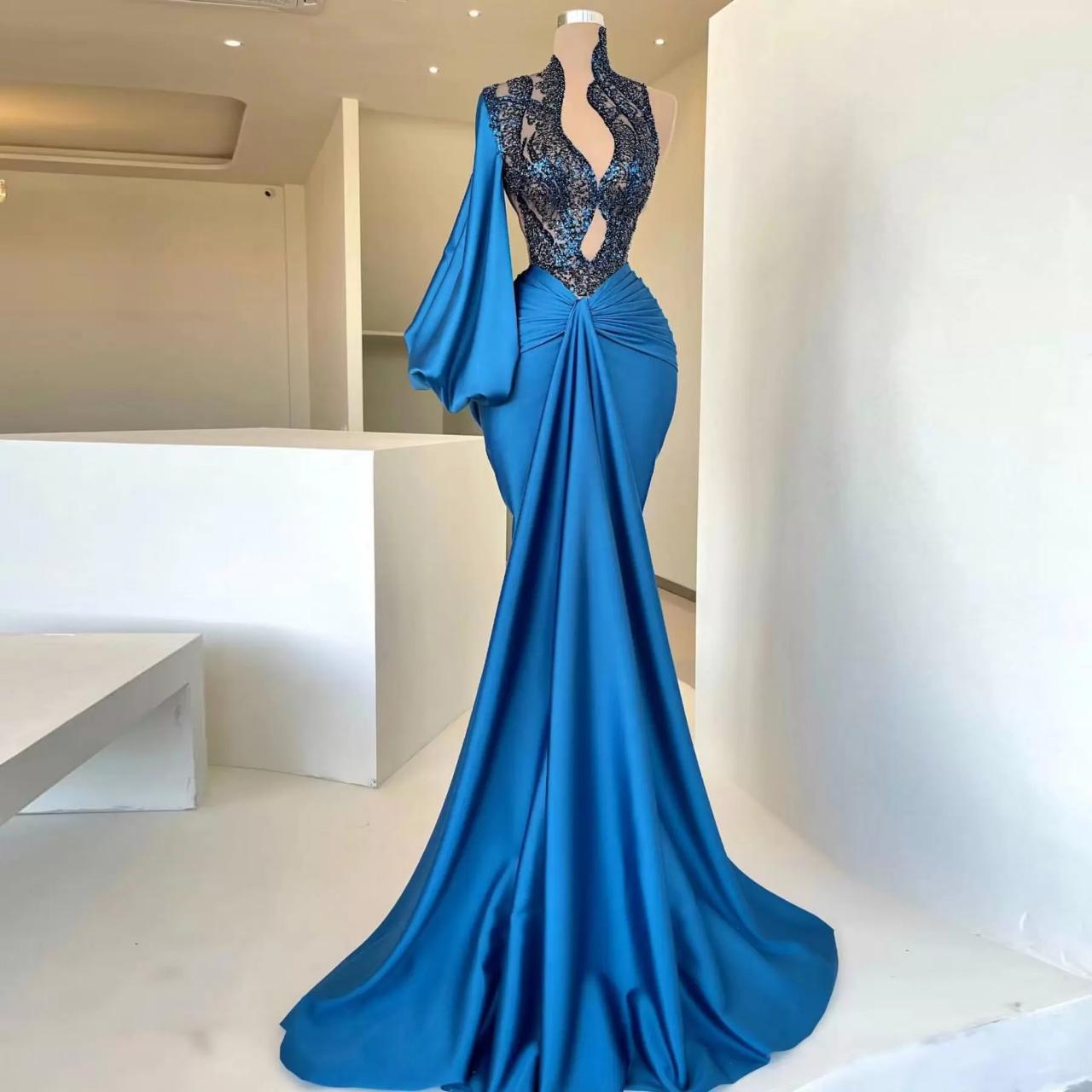 2023 Blue Mermaid Prom Dresses Sexy Deep V-neck Long Sleeves Evening Gown Bridesmaid Formal Dresses Custom Made