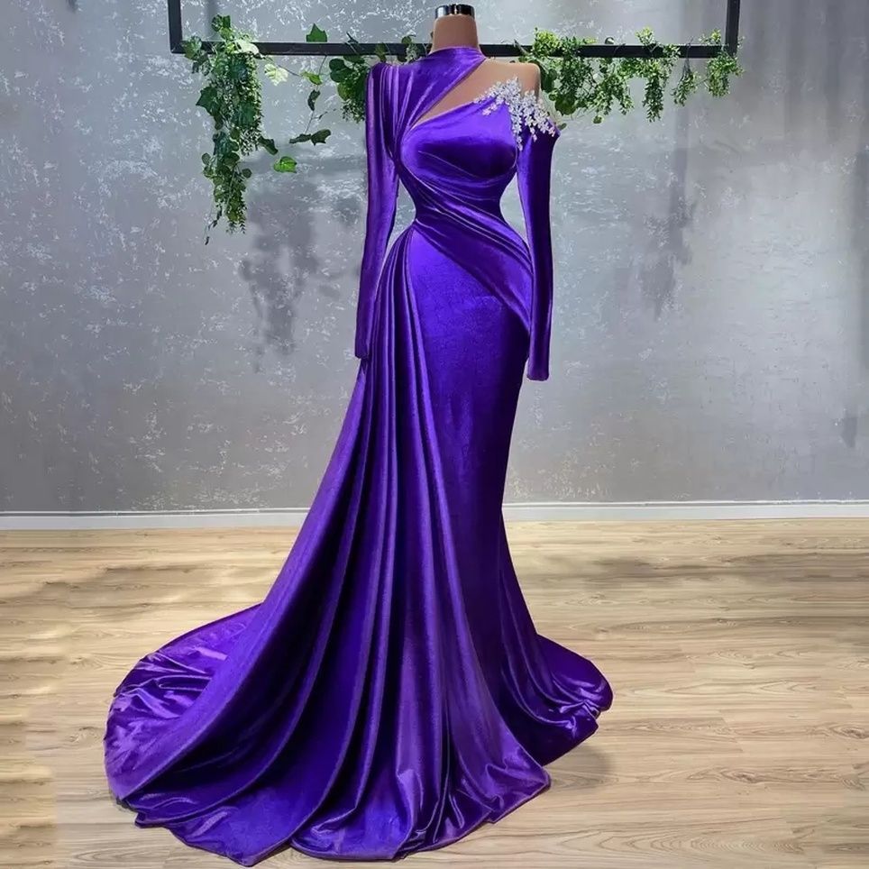 Sexy Mermaid Purple Evening Dresses 2022 With Beaded Crystals Long Sleeve Satin Party Occasion Gowns Pleats Ruffles Prom Dress Wears