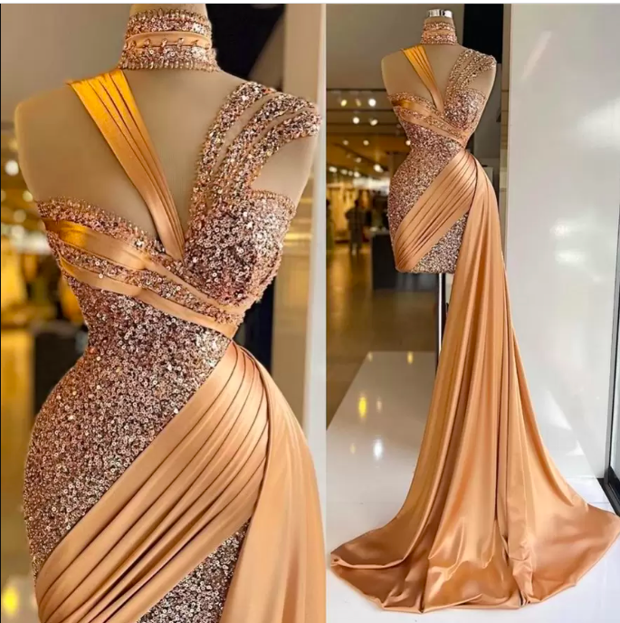 Sparkle 2022 Gold Mermaid Evening Dresses With Over Skirt Sequin Pleat Short Prom Gowns High Collar Ladies Sexy Vestido De Novia