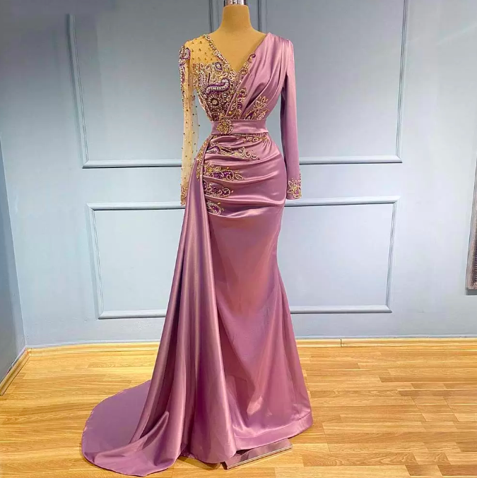 Light Purple Mermaid Evening Dresses Sheer V Neck Appliqued Beaded Long Sleeve Formal Prom Party Second Reception Special Occasion Gowns