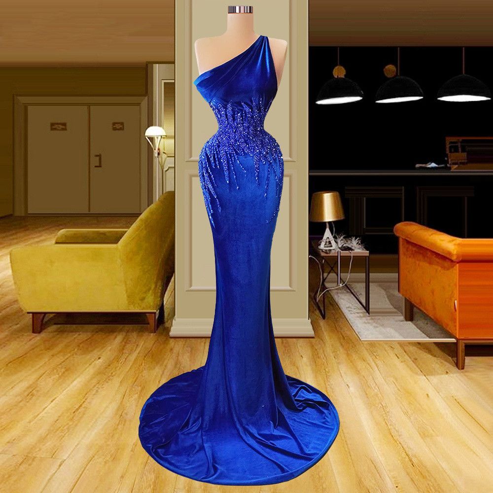 Blue Velvet Mermaid Evening Dresses One Shoulder Special Occasion Dress Appliques Sequins Women Floor Length Prom Gowns