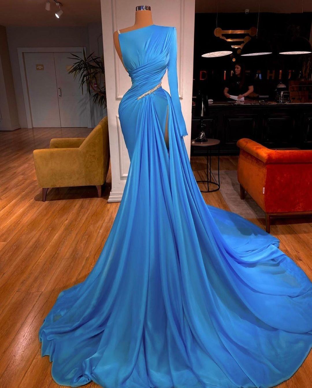 Royal Blue Beaded Mermaid Prom Dresses One Shoulder Long Sleeve Split Evening Dress Dubai Arabic Formal Cocktail Party Gowns Royal Blue Beaded Mermaid Prom Dresses One Shoulder Long Sleeve Split Evening Dress Dubai Arabic Formal Cocktail Party Gowns