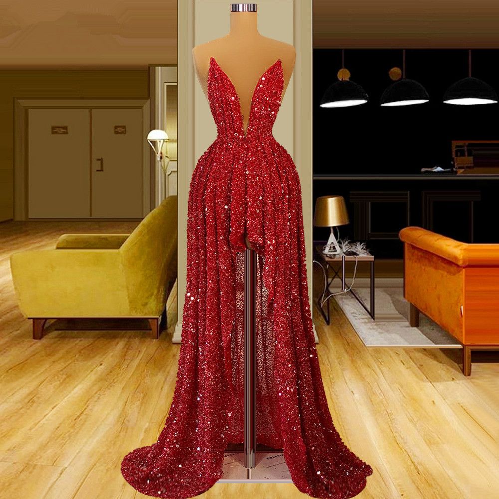 Amazing Red Hi-lo Prom Dresses Deep V Neck Sequins Party Dresses Sleeveless Beaded Custom Made Evening Dress