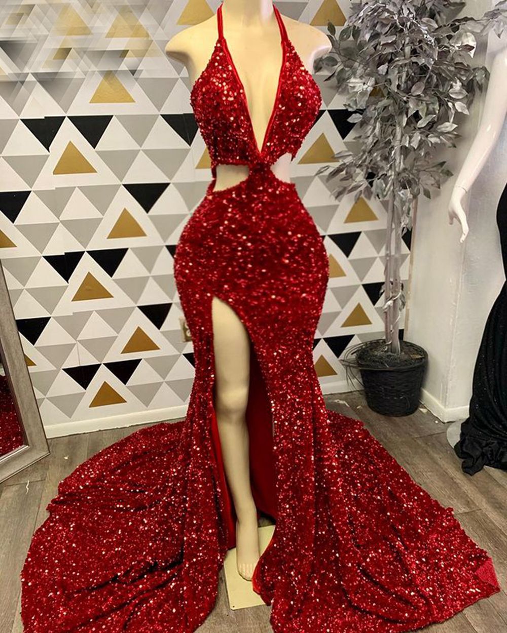 Long Sexy Prom Dresses 2022 Mermaid High Slit Halter Sparkly Red