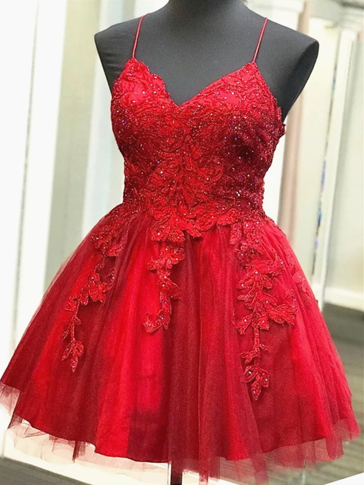 A Line Prom Dress, Red Prom Dresses, Lace Prom Dresses, Appliques Evening Dresses, Party Dresses, Sexy Evening Gowns, Short Evening Dress,