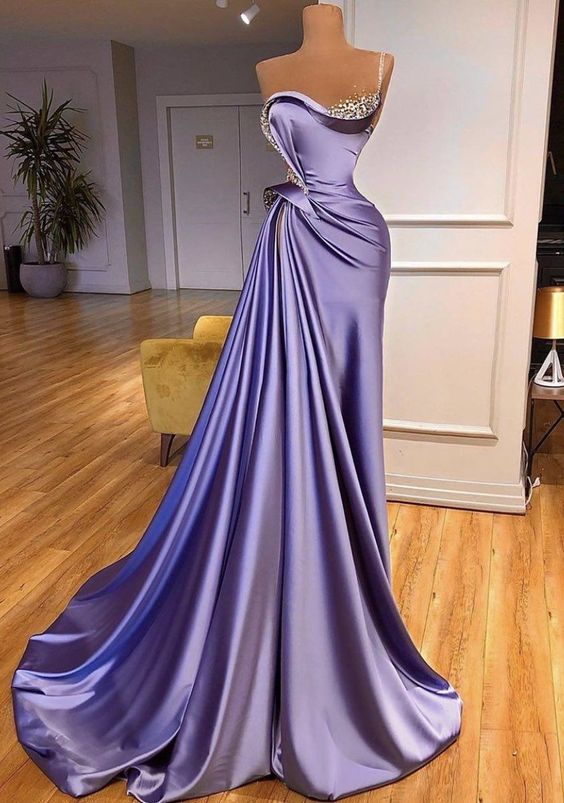 Purple Prom Dresses, Crystal Prom Dresses, Beaded Prom Dresses, One Shoulder Prom Dresses, Pleats Prom Dresses, Satin Prom Dresses, A Line Prom