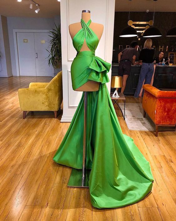 Green Prom Dresses, Sashes Prom Dresses, Ruffle Prom Dresses, Green Evening Dresses, A Line Prom Dresses, Sexy Evening Dresses, Side Slit Prom