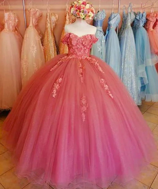 Pink Prom Dresses, Flowers Prom Dresses, Lace Evening Dresses, Ball Gown Prom Dresses, Flowers Prom Dresses, Ball Gown Evening Dresses, Ball Gown