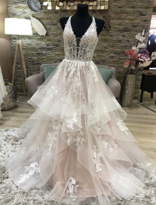 Champagne Prom Dresses, Tulle Evening Dresses, Ruffle Prom Dresses, Lace Evening Dresses, Deep V Neck Prom Dresses, Ball Gown Evening Dresses,