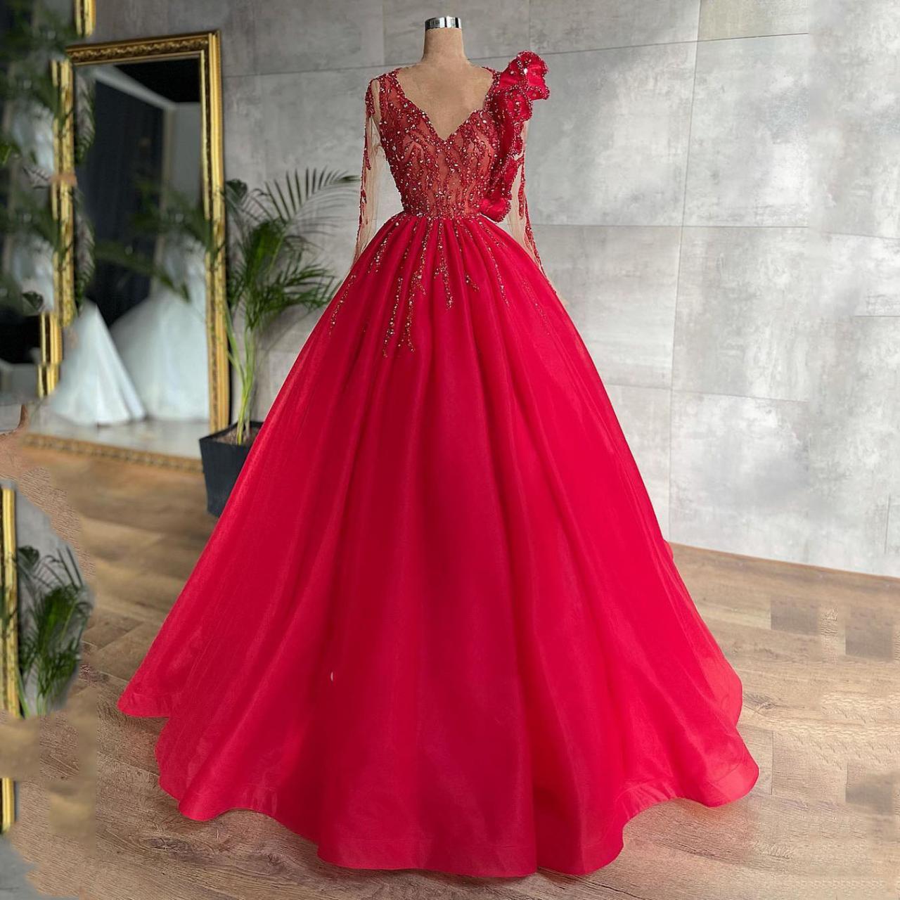 Red Elegant Evening Dresses Luxury Long Sleeve Sequins Sparkly Ball Gown Women Formal Prom Party Gowns Plus Size Custom Made