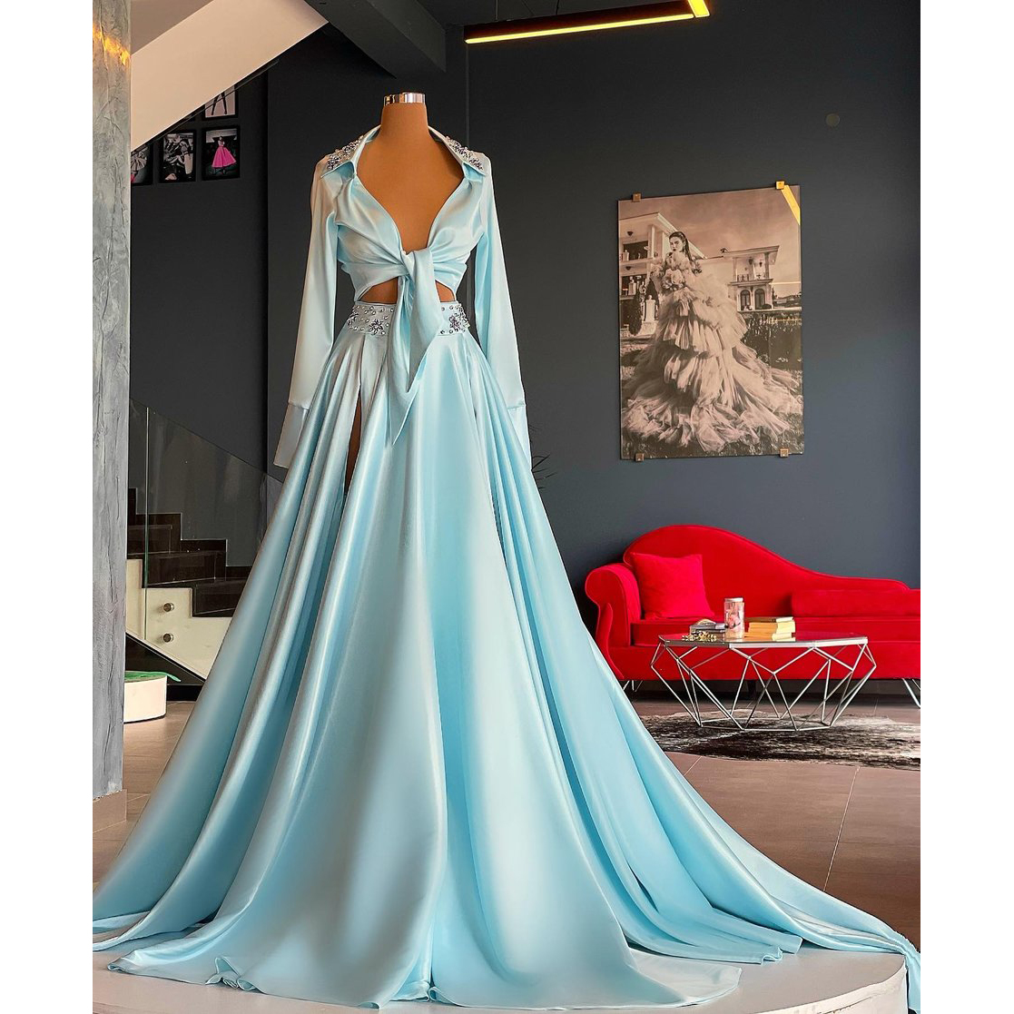 Fashion Splicing Elegant Evening Dresses Two Pieces Shirt High Split Prom Dress Long Sleeves Plus Size Women Party Gowns