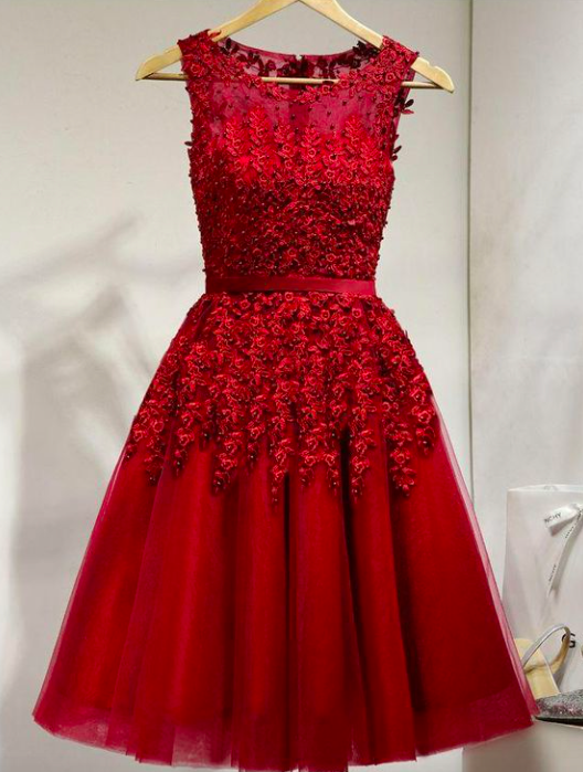 Red Prom Dresses, Tea Length Prom Dresses, Lace Evening Dresses, Tulle Evening Dresses, Pearls Prom Dresses, Red Evening Gowns, Short Evening