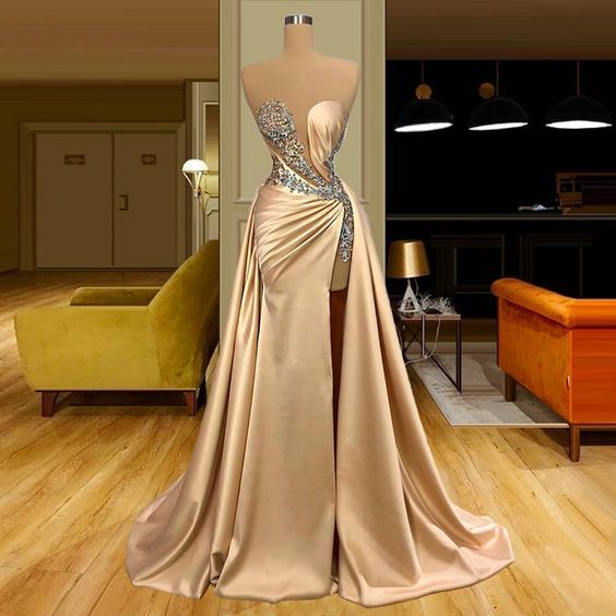 Champagne Prom Dresses, 2023 Prom Dress, Custom Make Evening Dresses, Crystal Prom Dresses, Mermaid Evening Dresses, Champagne Formal Dresses,